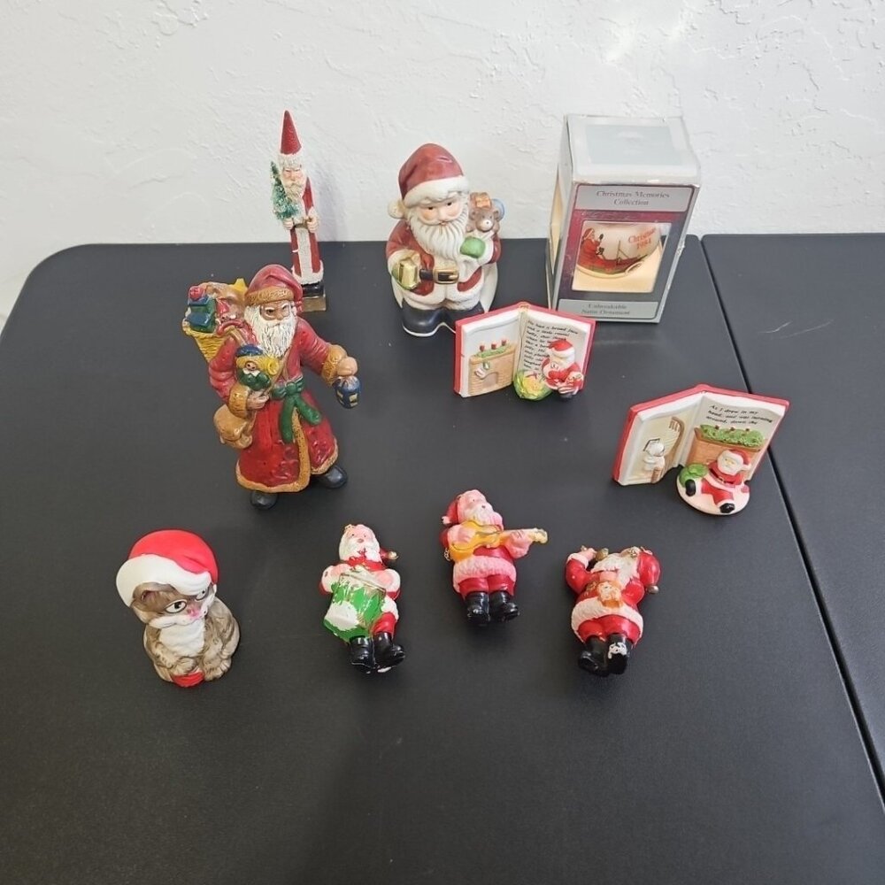 Lot of 10 Vintage Santa Ornaments Figurines Ceramic Plastic Blow Mold Taiwan